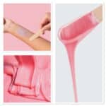 Hot body wax, dripping from applicator, and person applying wax to their forearm