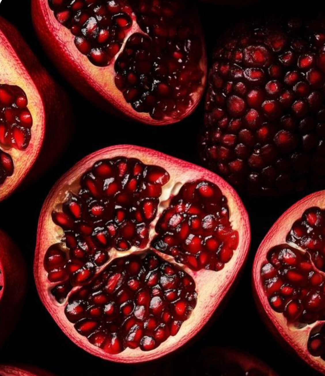 Pomegranate split in half, exposing its seeds